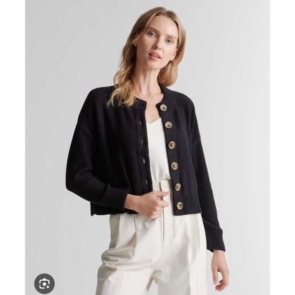 Quince Medium Button Cropped Cardigan Sweater Black Organic Cotton Womens - Picture 1 of 16